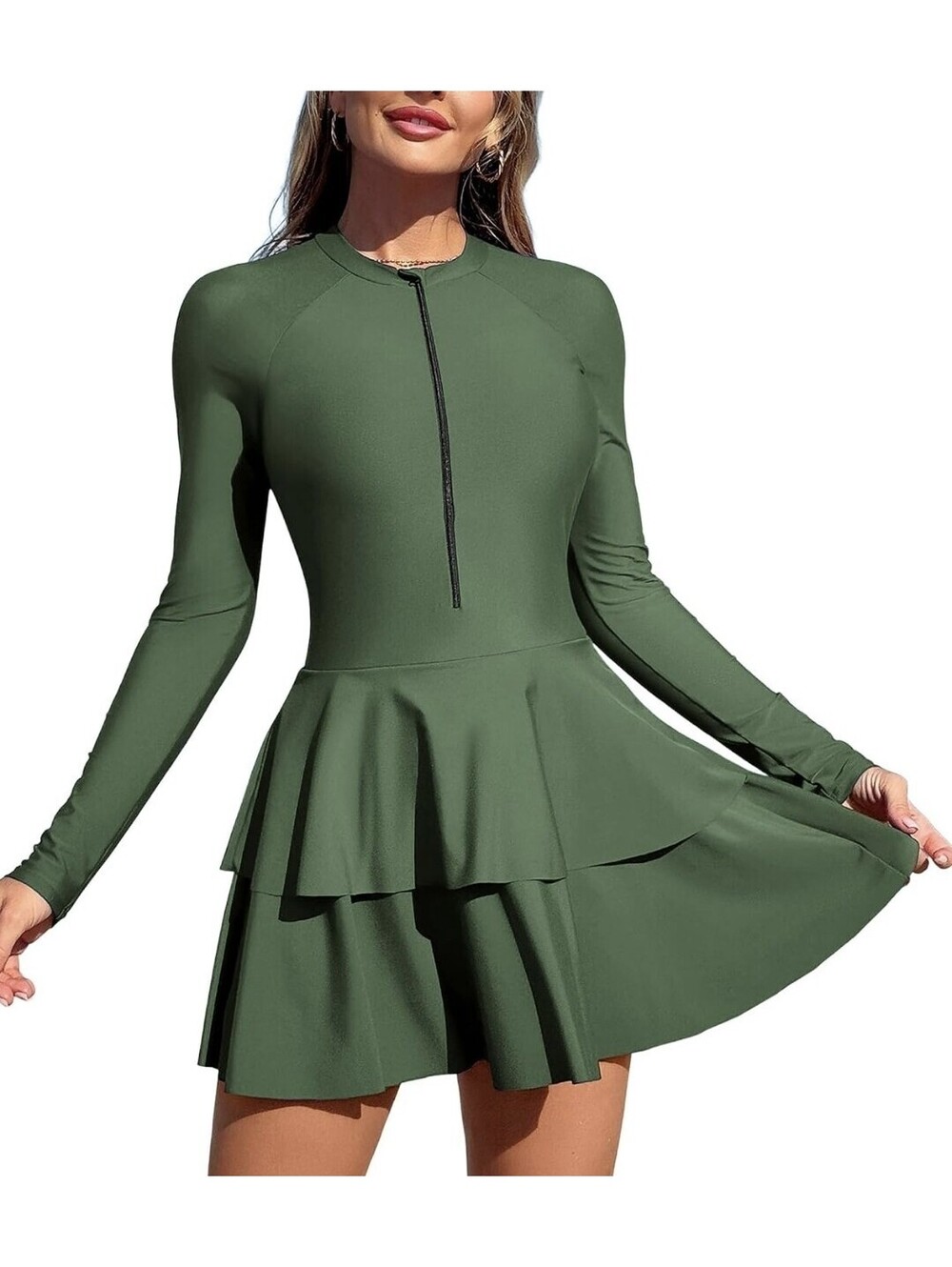 Rash Guard Long Sleeve Modest Swimsuits Dress Zipper Bathing XL Army Green